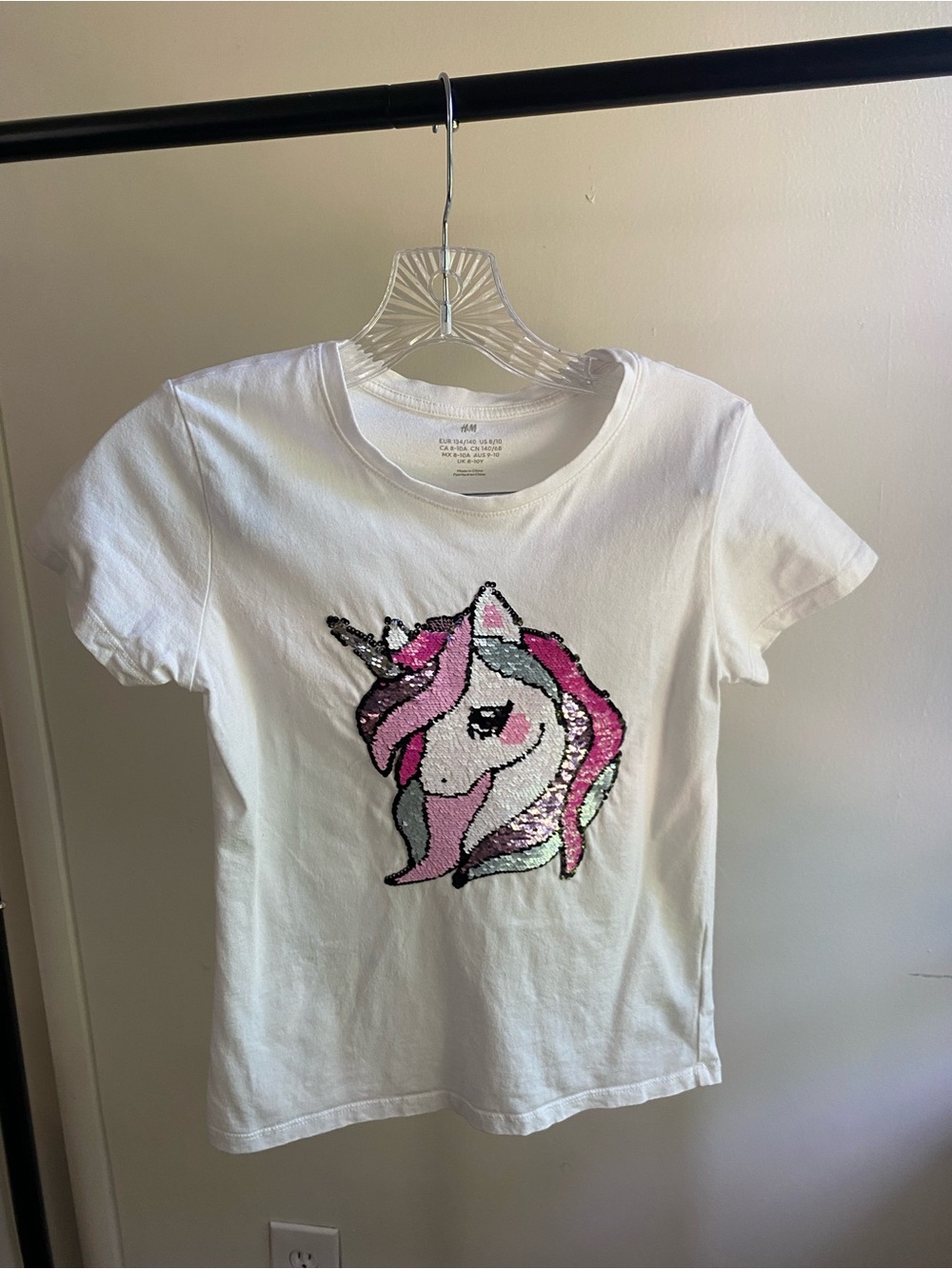 H&M Girls Flip Sequin Unicorn Tee White Sz 8-10